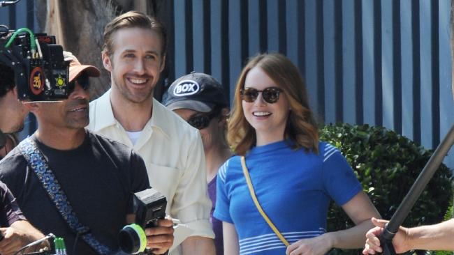 Gosling and Stone on set